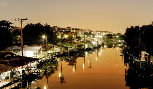 Panoramic view of illuminated buildings against clear sky at night