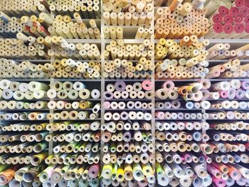 Full frame shot of thread reels in shop