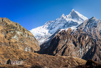 Scenic view of snowcapped mountains against clear blue sky