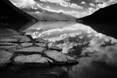 Panoramic view of lake and mountains against sky