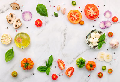 High angle view of chopped fruits on table