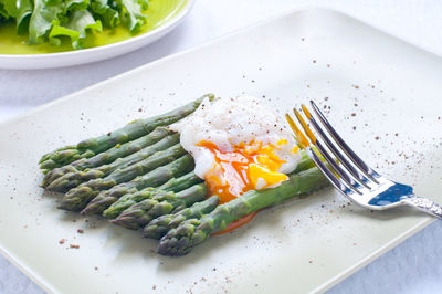 High angle view of food in plate on table