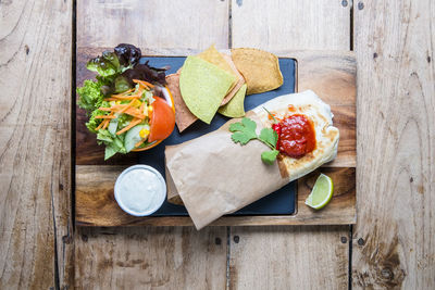 High angle view of breakfast on table