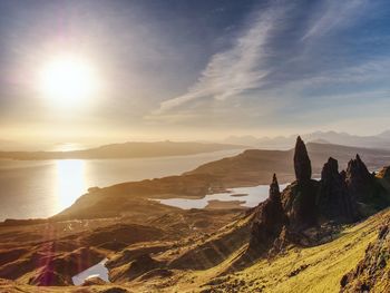 Morning view of old man of storr rocks formation, one of the most photographed wonders in scotland