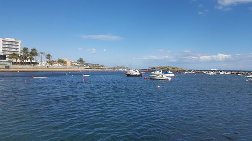 Sailboats in sea against blue sky