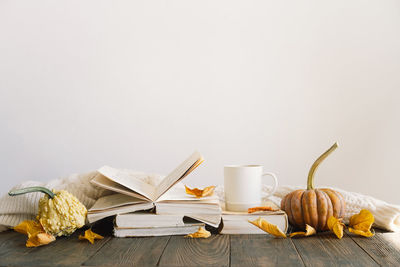 Reading in the autumn day. cozy autumn background, decorative pumpkin, dried flowers, books.