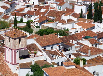 High angle view of buildings in town