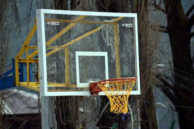 Low angle view of basketball hoop against window