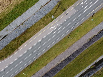 High angle view of road marking on field