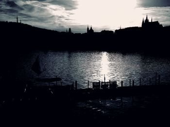 Scenic view of river against sky at sunset
