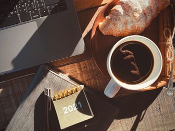 High angle view of coffee on table