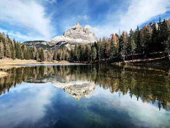 Reflection of trees in lake against sky