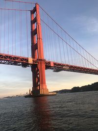 View of suspension bridge against cloudy sky