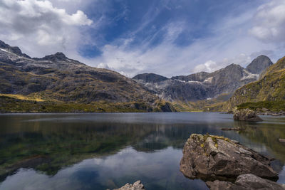 Scenic view of lake and mountains against sky