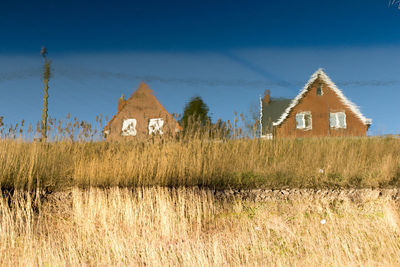 Houses on field against blue sky