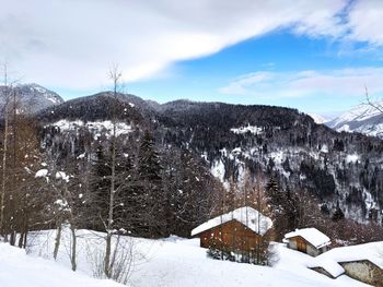 Snow covered land against sky