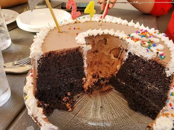High angle view of chocolate cake on table