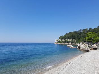 Scenic view of sea against clear blue sky