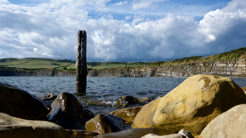 Scenic view of sea and mountains against sky