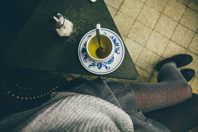 Close-up and high angle view of tea cup