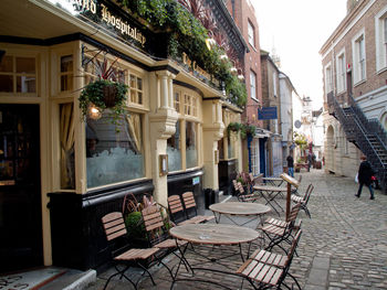 Potted plants on sidewalk cafe amidst buildings in city