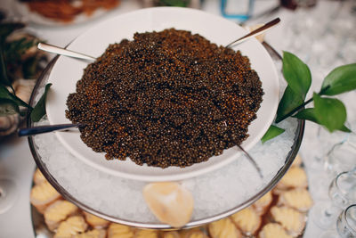 High angle view of dessert in plate on table