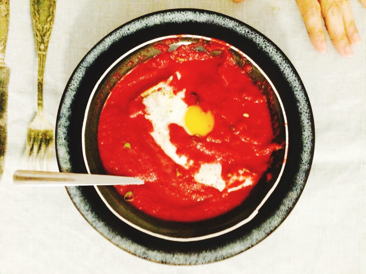 food and drink, food, indoors, freshness, red, healthy eating, bowl, still life, ready-to-eat, high angle view, close-up, directly above, table, plate, indulgence, serving size, slice, spoon, strawberry, soup