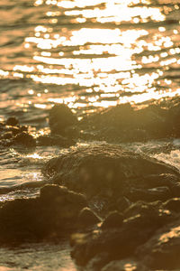 Surface level of rocks in sea against sky