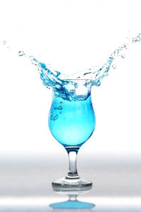 Close-up of water drops on glass against white background