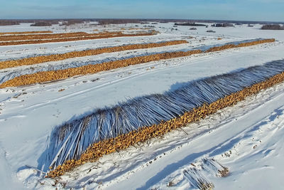 Scenic view of snow covered land against sky