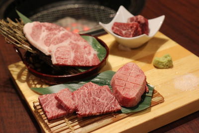 Close-up of raw meat on table