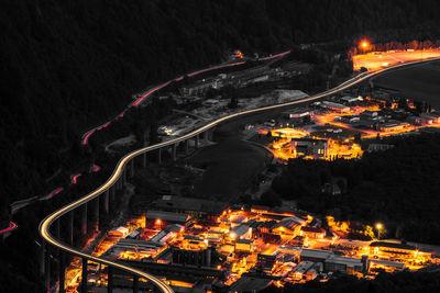 High angle view of illuminated city at night