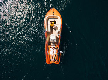 High angle view of ship sailing in sea