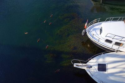 High angle view of boat moored on lake