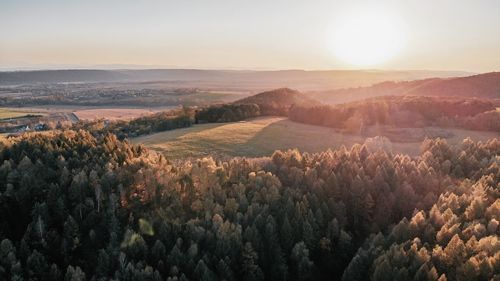 High angle view of landscape against sky during sunset