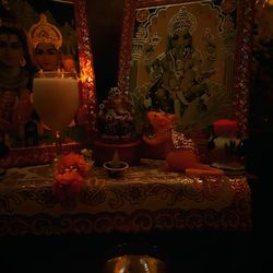 Close-up of lit candles on table