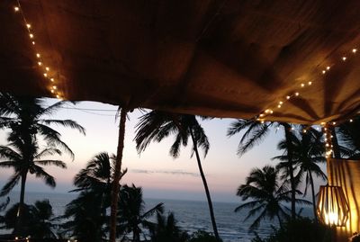 Silhouette palm trees by sea against sky at sunset