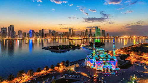 High angle view of city at night