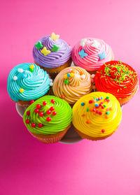 Close-up of cupcakes against colored background