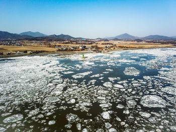 Scenic view of lake against clear blue sky