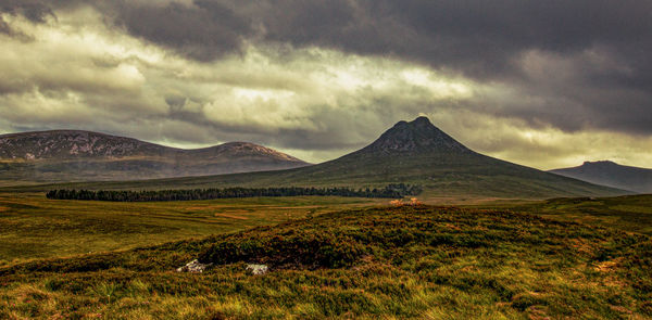 Scenic view of field and mountain against sky