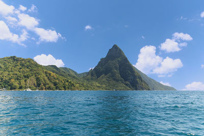 Scenic view of sea and mountains against sky