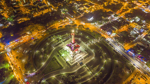 High angle view of illuminated cityscape at night