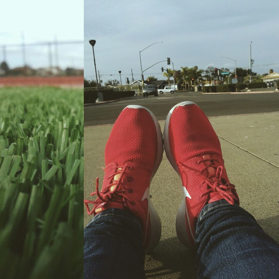 low section, person, shoe, personal perspective, lifestyles, leisure activity, standing, men, human foot, footwear, sky, jeans, casual clothing, street, day, outdoors, field