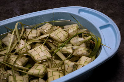 High angle view of rice in bowl on table