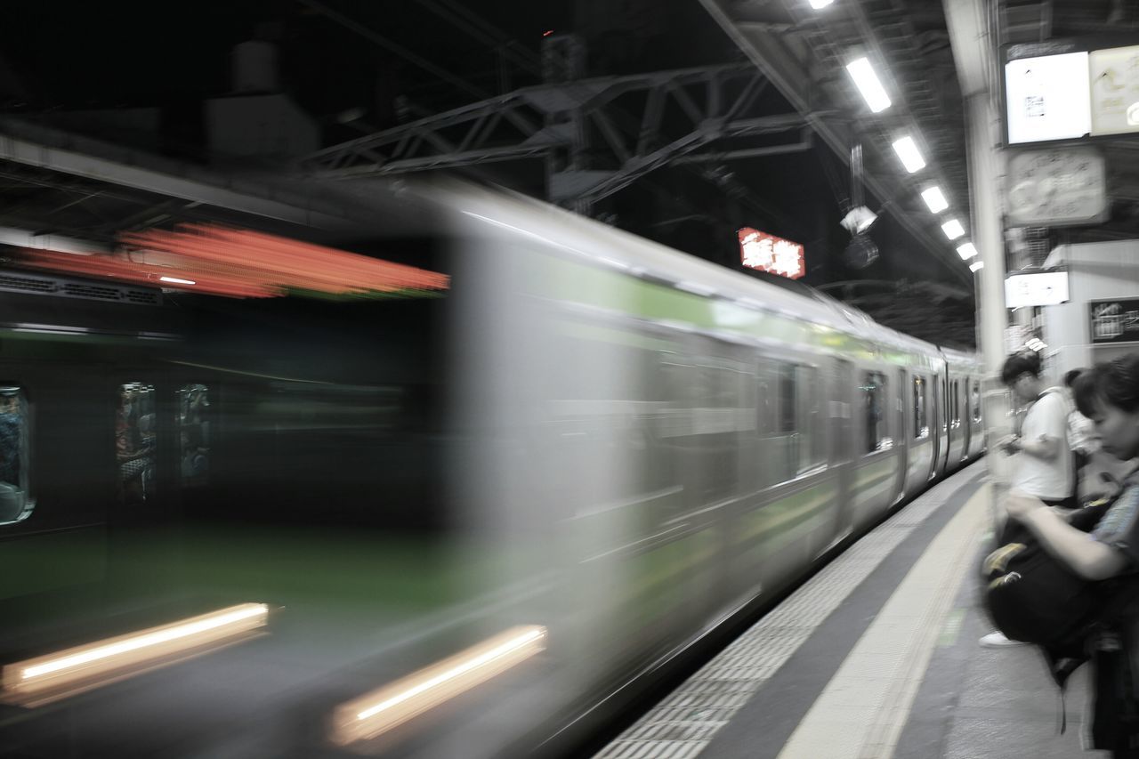 transportation, illuminated, night, blurred motion, mode of transport, motion, public transportation, railroad track, speed, on the move, travel, rail transportation, railroad station platform, long exposure, city life, railroad station, men, train - vehicle