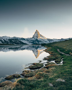 Scenic view of lake and snowcapped mountains against sky