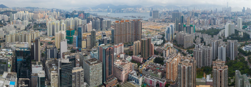 High angle view of modern buildings in city