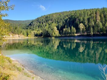 Scenic view of lake in forest against sky