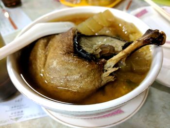 Close-up of soup in bowl on table